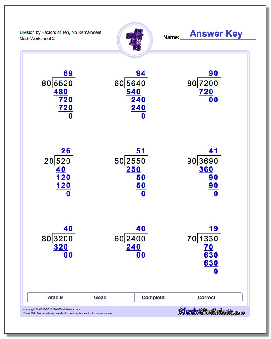 Division Worksheet by Factors of Ten, No Remainders www.dadsworksheets.com/worksheets/long-division.html