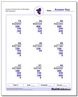 Division Worksheet by Factors of Ten, No Remainders