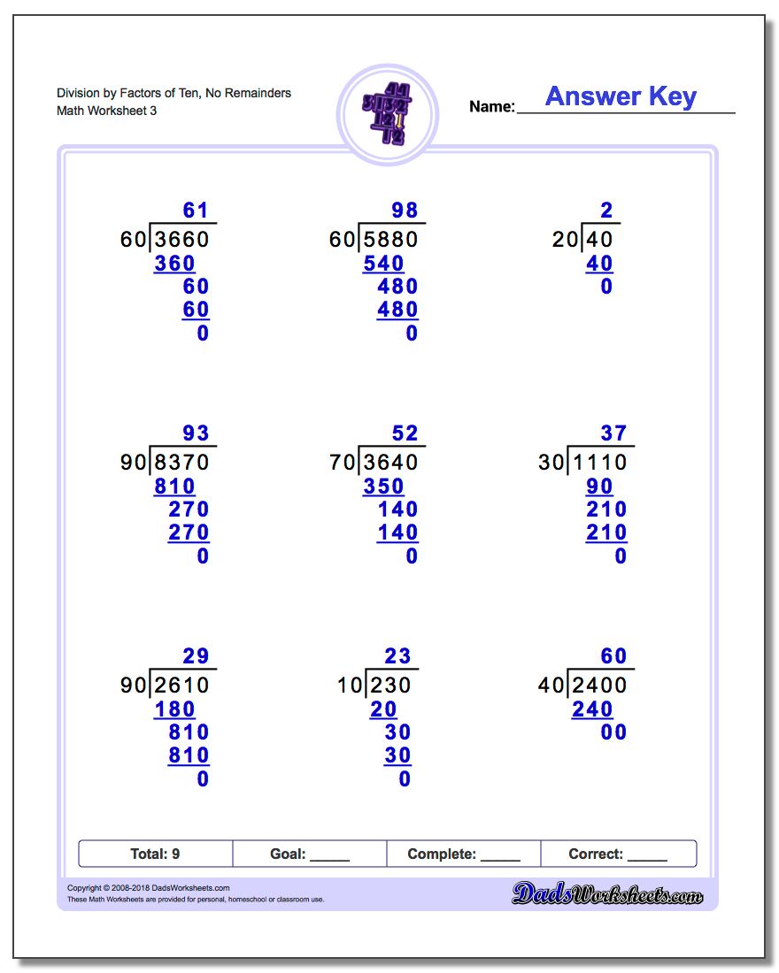 Division Worksheet by Factors of Ten, No Remainders