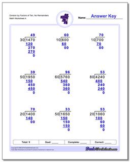 Division Worksheet by Factors of Ten, No Remainders