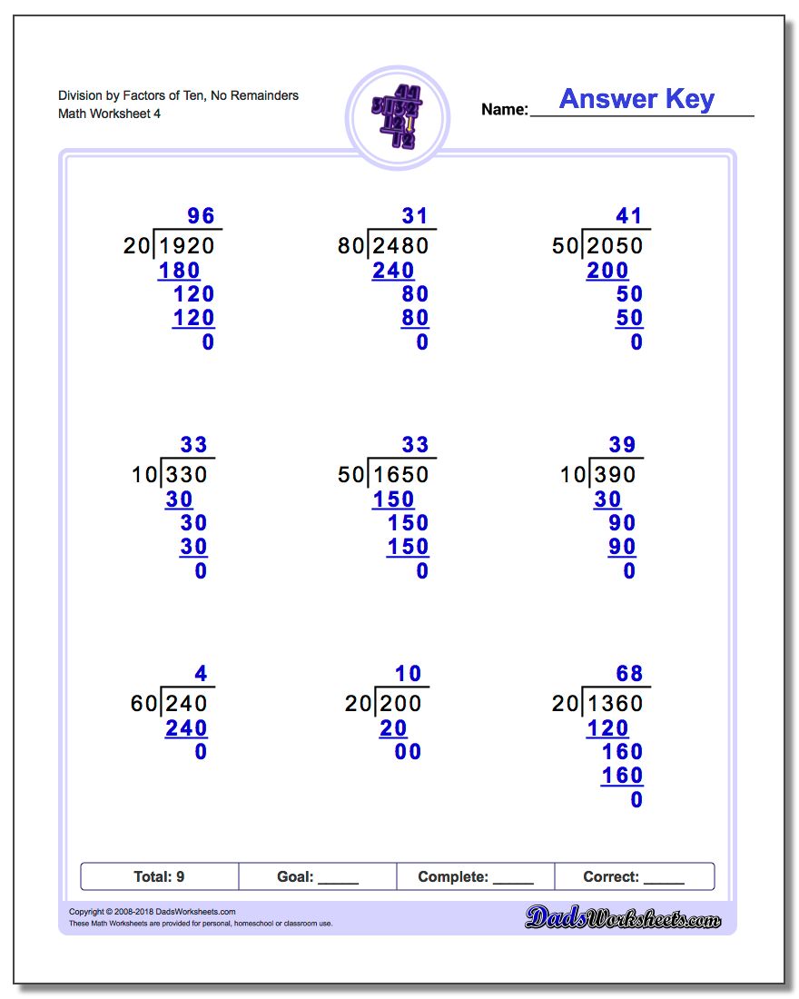 Division Worksheet by Factors of Ten, No Remainders