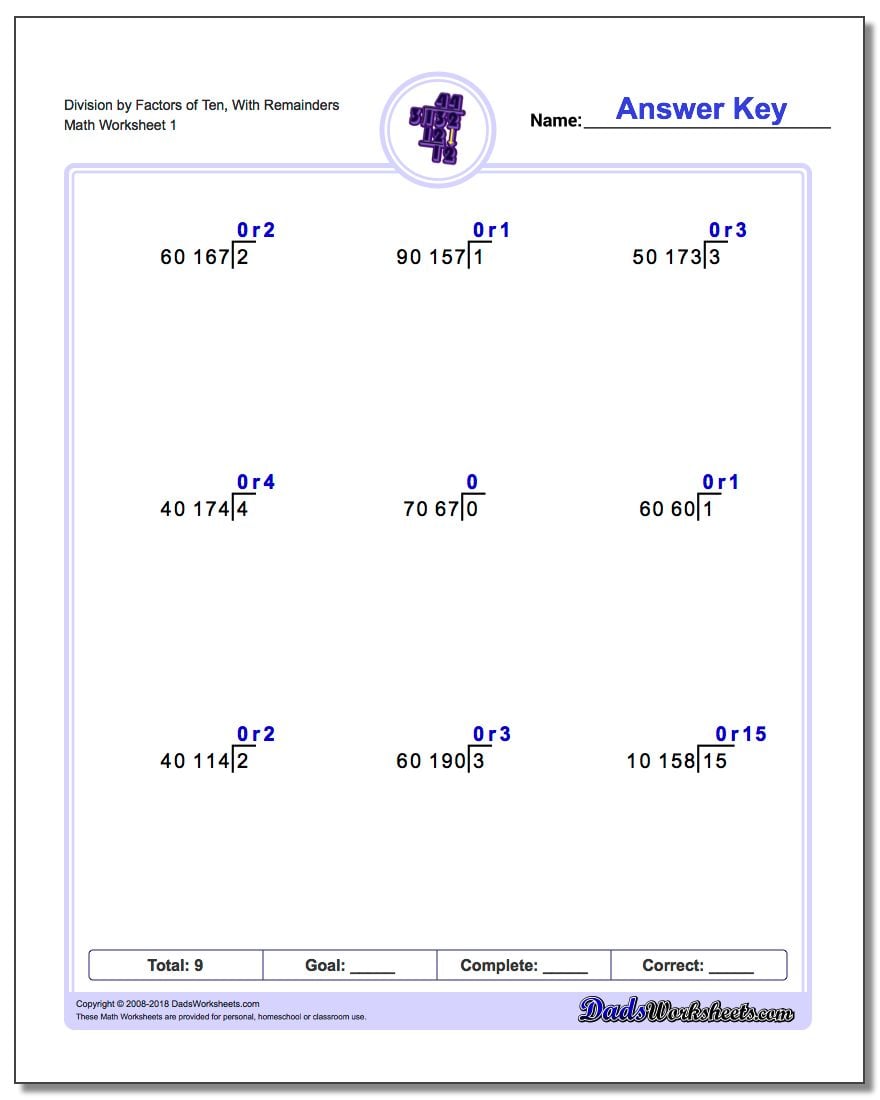 Long Division Worksheet by Factors of Ten, With Remainders