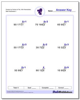 Division Worksheet by Factors of Ten, With Remainders