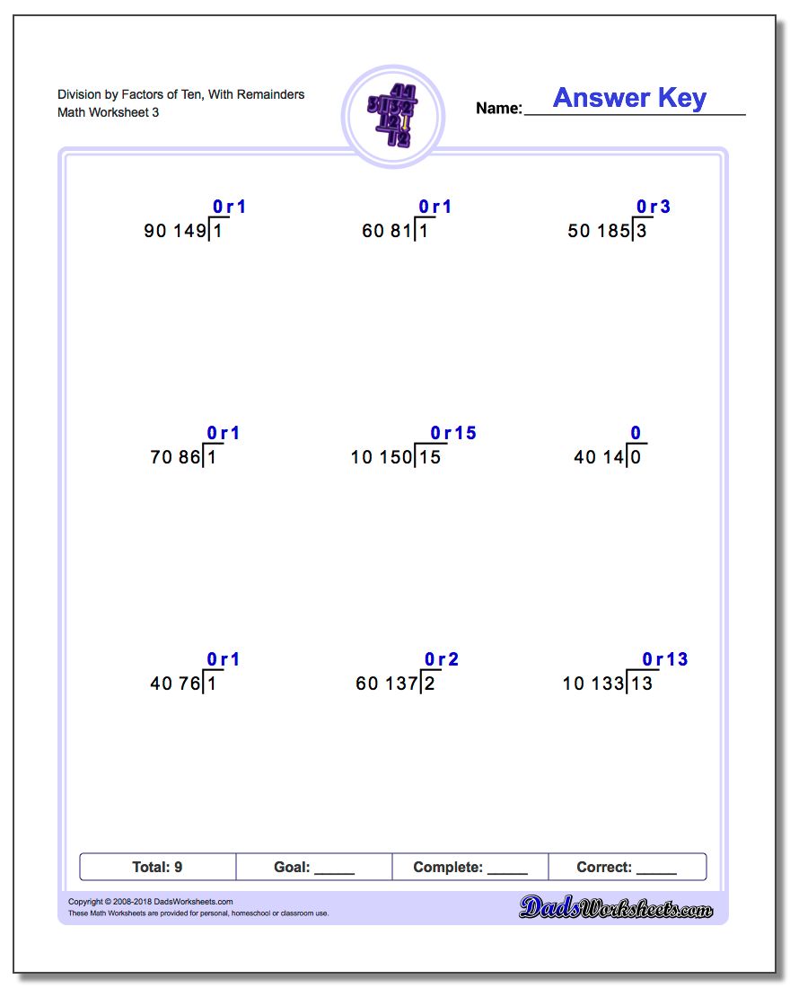 Division Worksheet by Factors of Ten, With Remainders