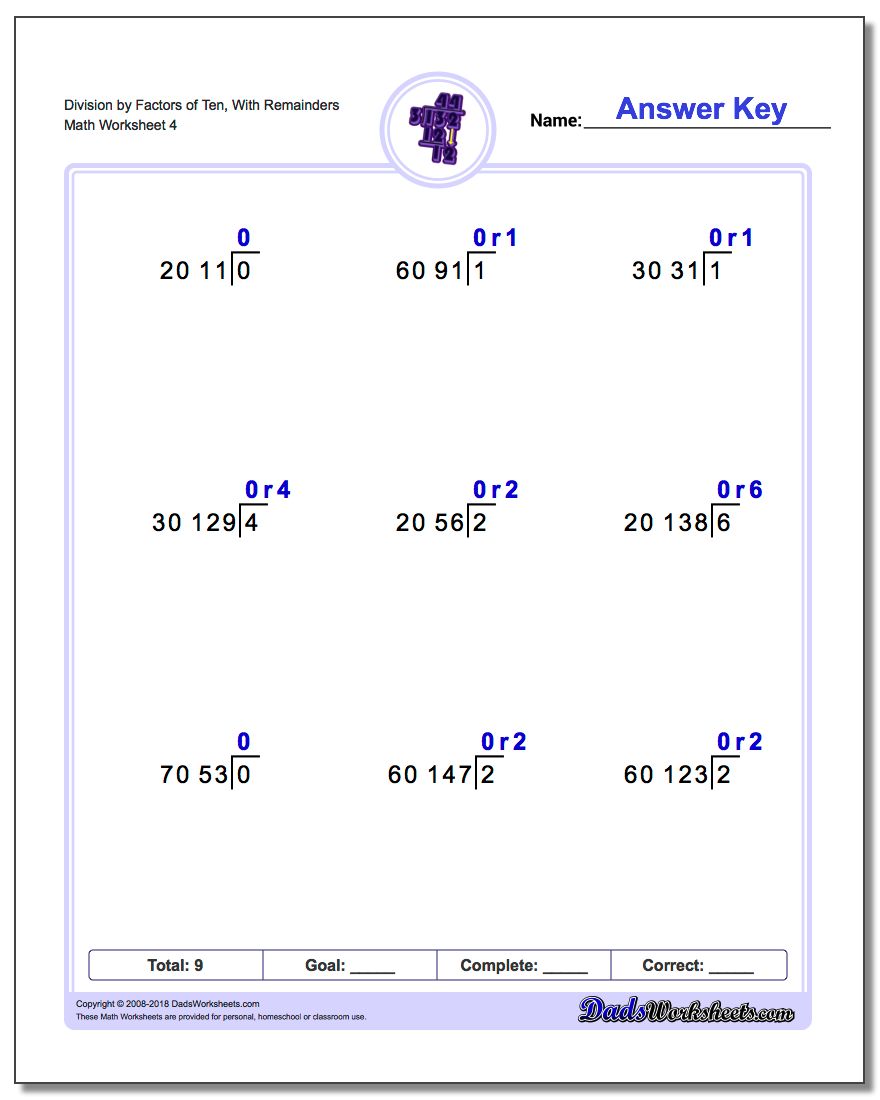 Division Worksheet by Factors of Ten, With Remainders