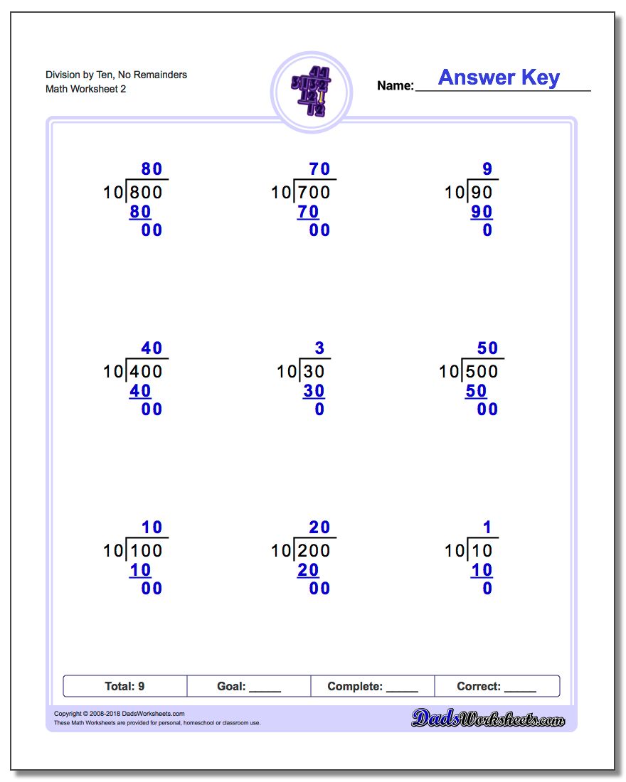 Division Worksheet by Ten, No Remainders www.dadsworksheets.com/worksheets/long-division.html