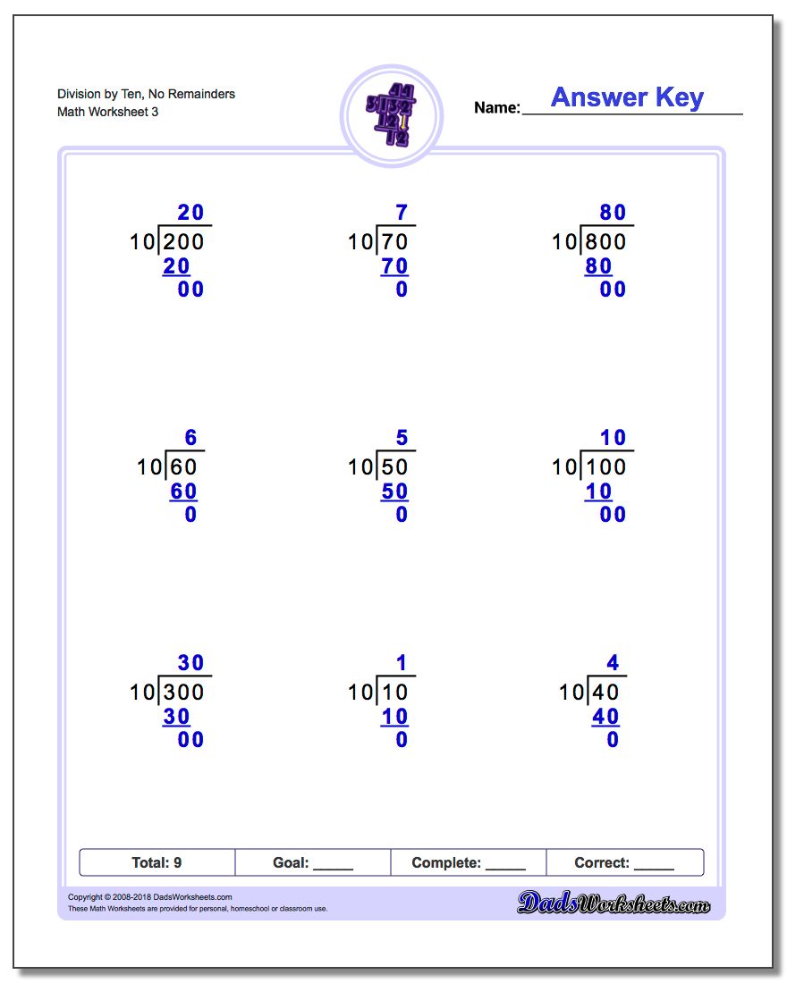 Division Worksheet by Ten, No Remainders