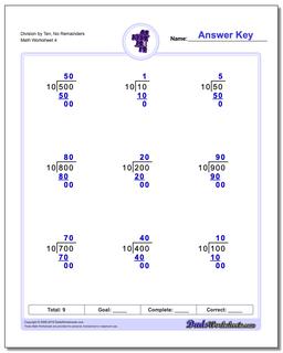 Division Worksheet by Ten, No Remainders