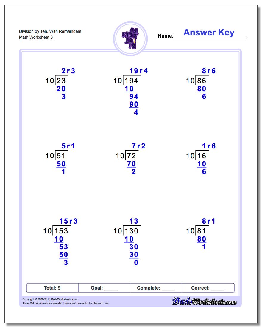 Division Worksheet by Ten, With Remainders
