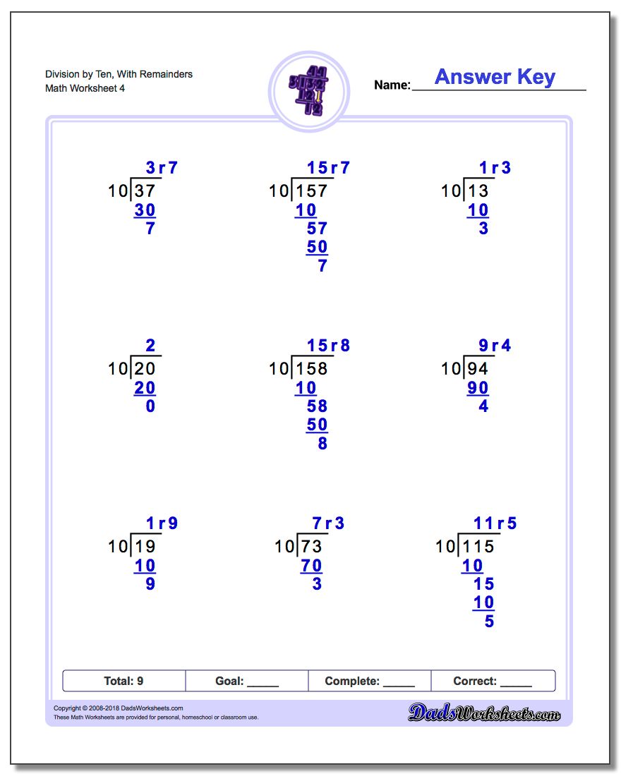Division Worksheet by Ten, With Remainders