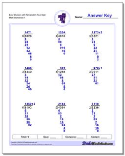 Long Division Worksheet Easy with Remainders Four Digit