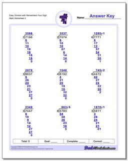 Easy Division Worksheet with Remainders Four Digit