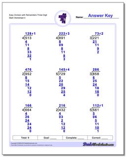 Easy Division Worksheet with Remainders Three Digit