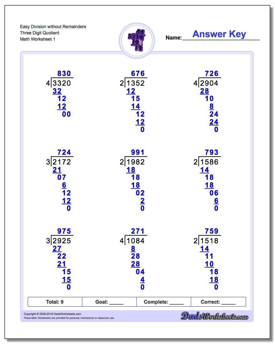 Long Division 3 Digits By 1 Digit Without Remainders Long Division Without Remainders 1 Digit 