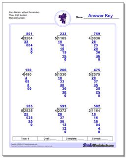 Easy Division Worksheet without Remainders Three Digit Quotient