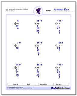 Long Division Worksheet Easy with Remainders Two Digit