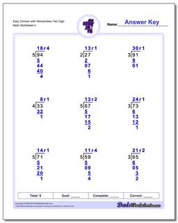 Easy Division Worksheet with Remainders Two Digit