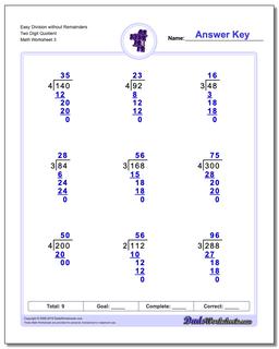 Easy Division Worksheet without Remainders Two Digit Quotient