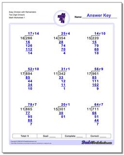Long Division Worksheet Easy with Remainders Two Digit Divisors