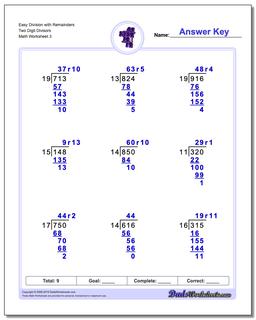 Easy Division Worksheet with Remainders Two Digit Divisors