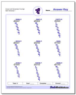 Long Division Worksheet with Remainders Five Digit