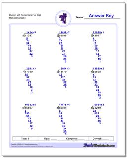 Division Worksheet with Remainders Five Digit