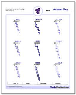 Division Worksheet with Remainders Five Digit