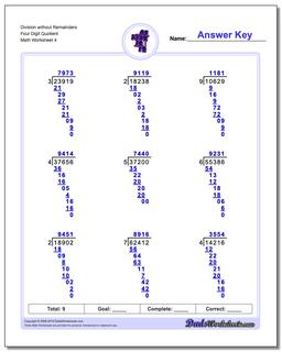 Division Worksheet without Remainders Four Digit Quotient