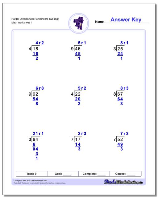 Long Division Worksheets: Division with Remainders