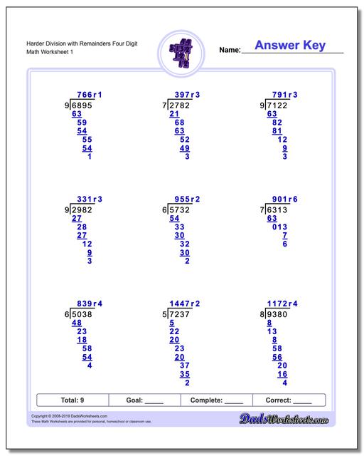 Long Division With Remainders Worksheet With Answers