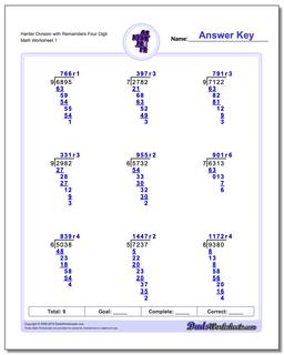 Long Division Worksheet Harder with Remainders Four Digit