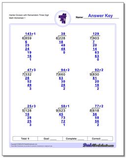 Long Division Worksheet Harder with Remainders Three Digit