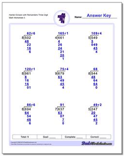 Harder Division Worksheet with Remainders Three Digit