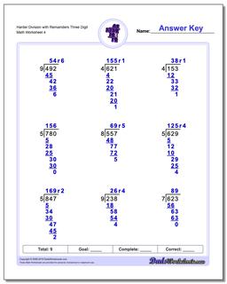 Harder Division Worksheet with Remainders Three Digit