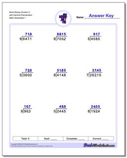 Long Division Worksheet More Money 2 with Decimal Remainders