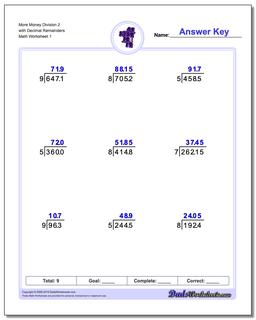 Long Division Worksheet More Money 2 with Decimal Remainders