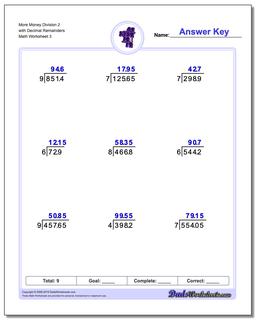 More Money Division Worksheet 2 with Decimal Remainders