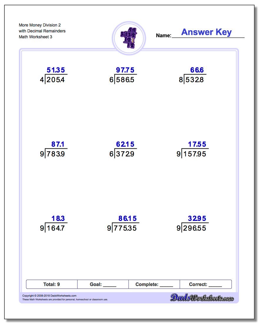 More Money Division Worksheet 2 with Decimal Remainders