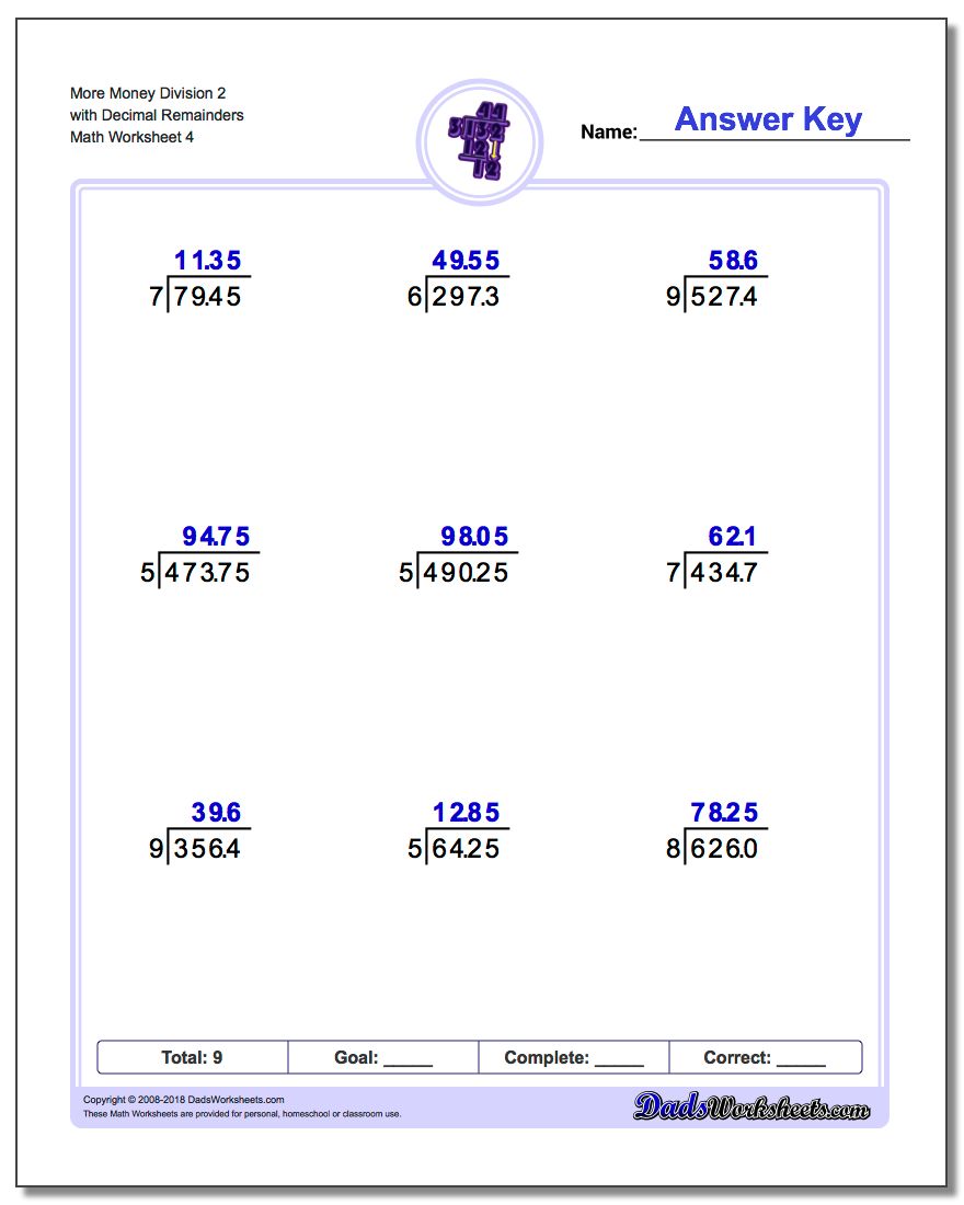 More Money Division Worksheet 2 with Decimal Remainders