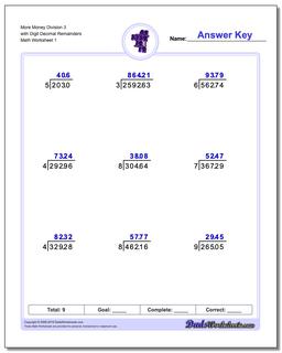 Long Division Worksheet More Money 3 with Digit Decimal Remainders