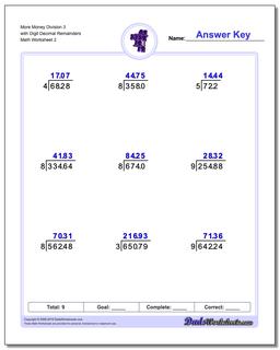 More Money Division Worksheet 3 with Digit Decimal Remainders /worksheets/long-division.html