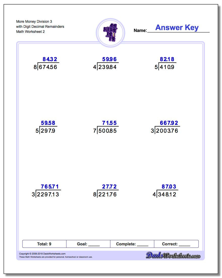 More Money Division Worksheet 3 with Digit Decimal Remainders www.dadsworksheets.com/worksheets/long-division.html