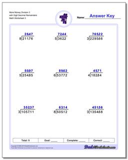 More Money Division Worksheet 3 with Digit Decimal Remainders