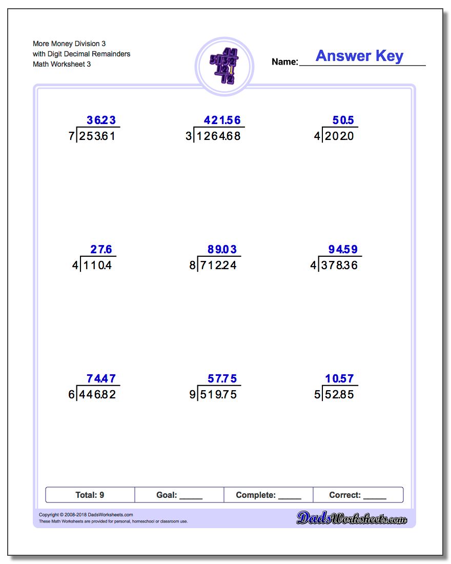 More Money Division Worksheet 3 with Digit Decimal Remainders
