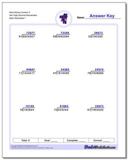 Long Division Worksheet More Money 4 with Digit Decimal Remainders