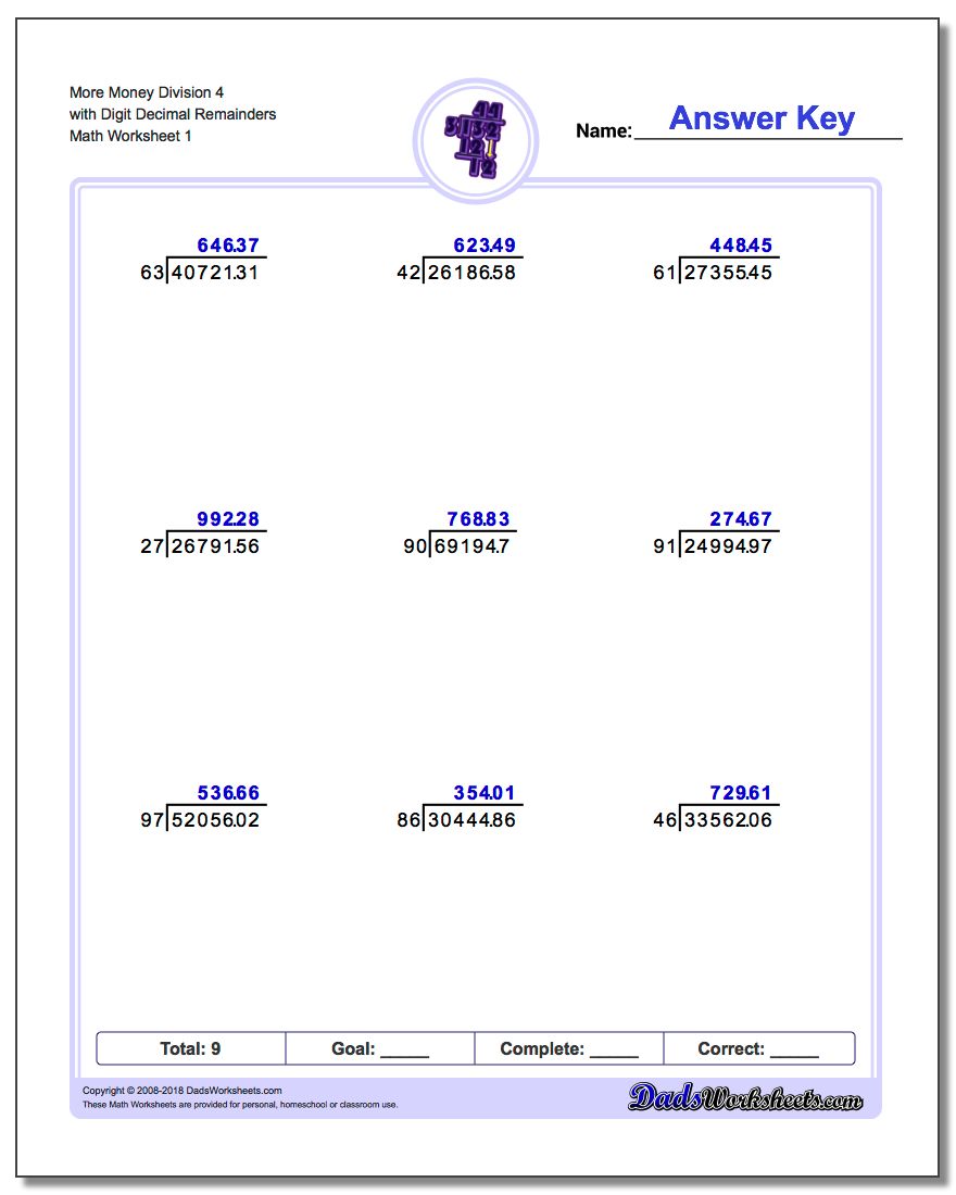 Long Division Worksheet More Money 4 with Digit Decimal Remainders