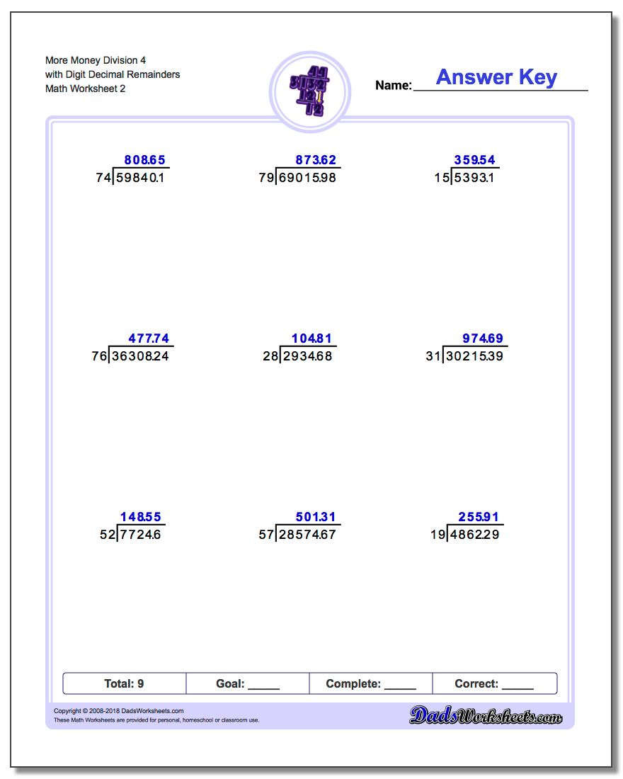 More Money Division Worksheet 4 with Digit Decimal Remainders www.dadsworksheets.com/worksheets/long-division.html