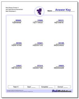 More Money Division Worksheet 4 with Digit Decimal Remainders