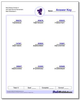 More Money Division Worksheet 4 with Digit Decimal Remainders