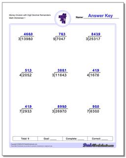 Long Division Worksheet Money with Digit Decimal Remainders